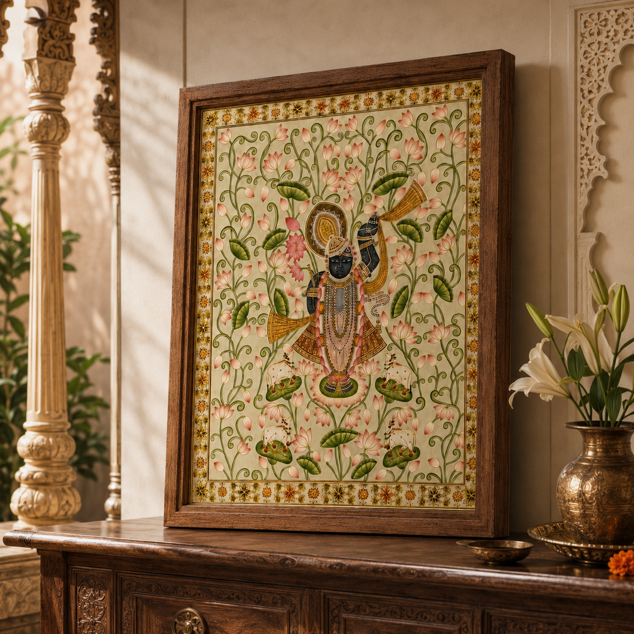 Sri Nath Ji Bhagwan Art Print on Canvas – Rustic Wooden Frame (Teak), 48 × 36 in [OBJ260051]