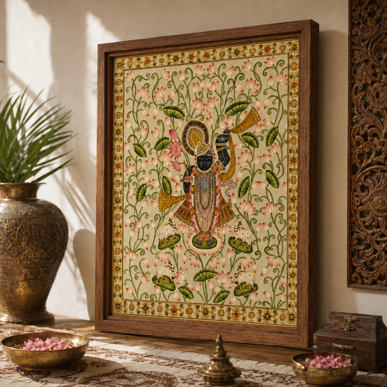 Sri Nath Ji Bhagwan Art Print on Canvas – Rustic Wooden Frame (Teak), 48 × 36 in [OBJ260051]