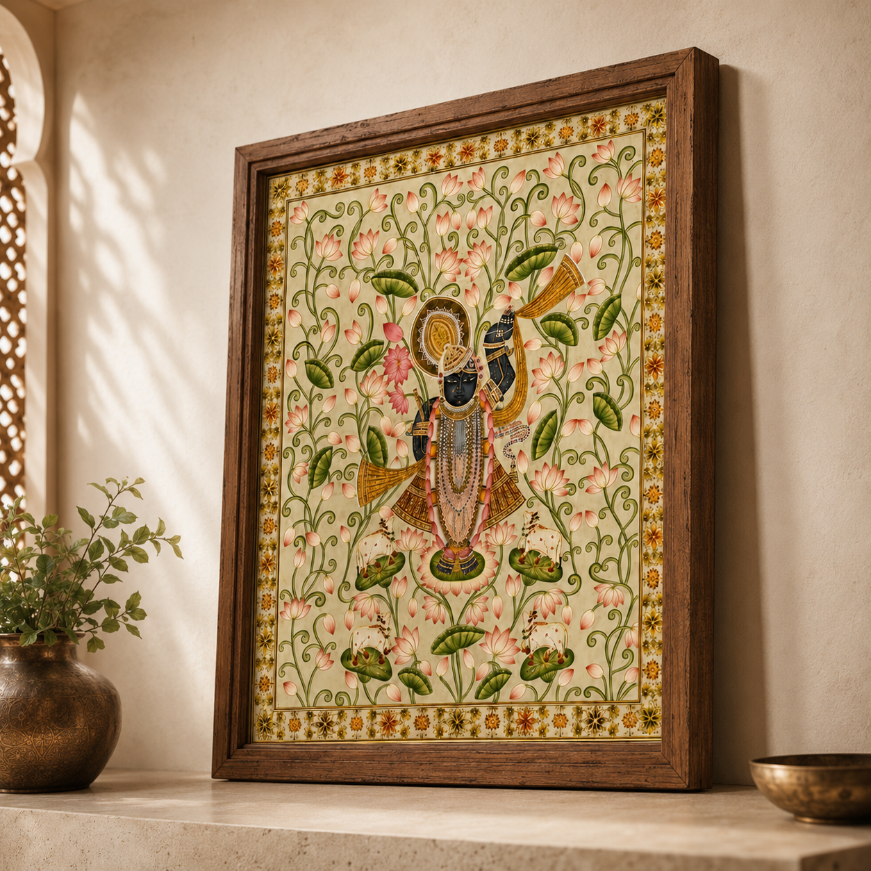Sri Nath Ji Bhagwan Art Print on Canvas – Rustic Wooden Frame (Teak), 48 × 36 in [OBJ260051]