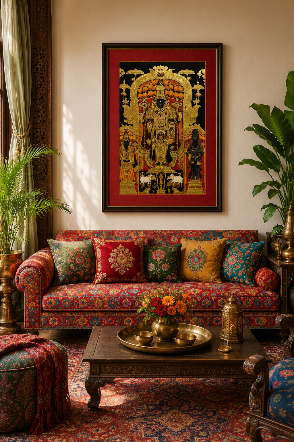 Sri Nath Ji Bhagwan Art Print on Canvas – Brown Frame with Gold Liner & Red Mount, 28 × 40 in [OBJ260053]