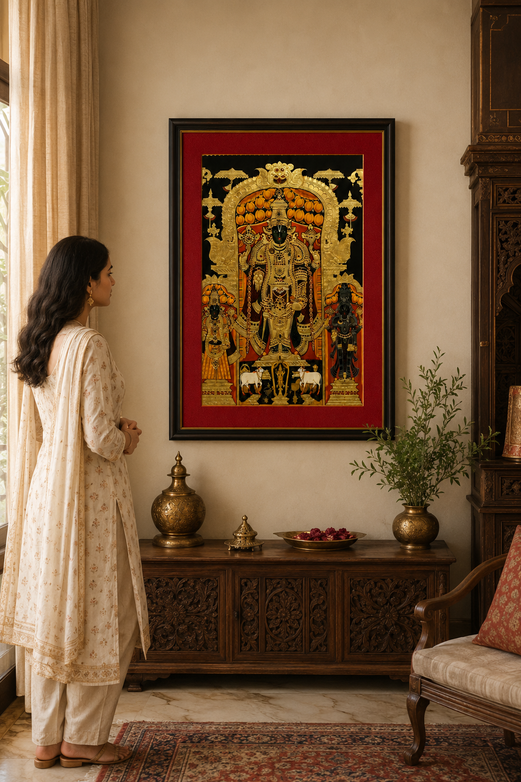 Sri Nath Ji Bhagwan Art Print on Canvas – Brown Frame with Gold Liner & Red Mount, 28 × 40 in [OBJ260053]