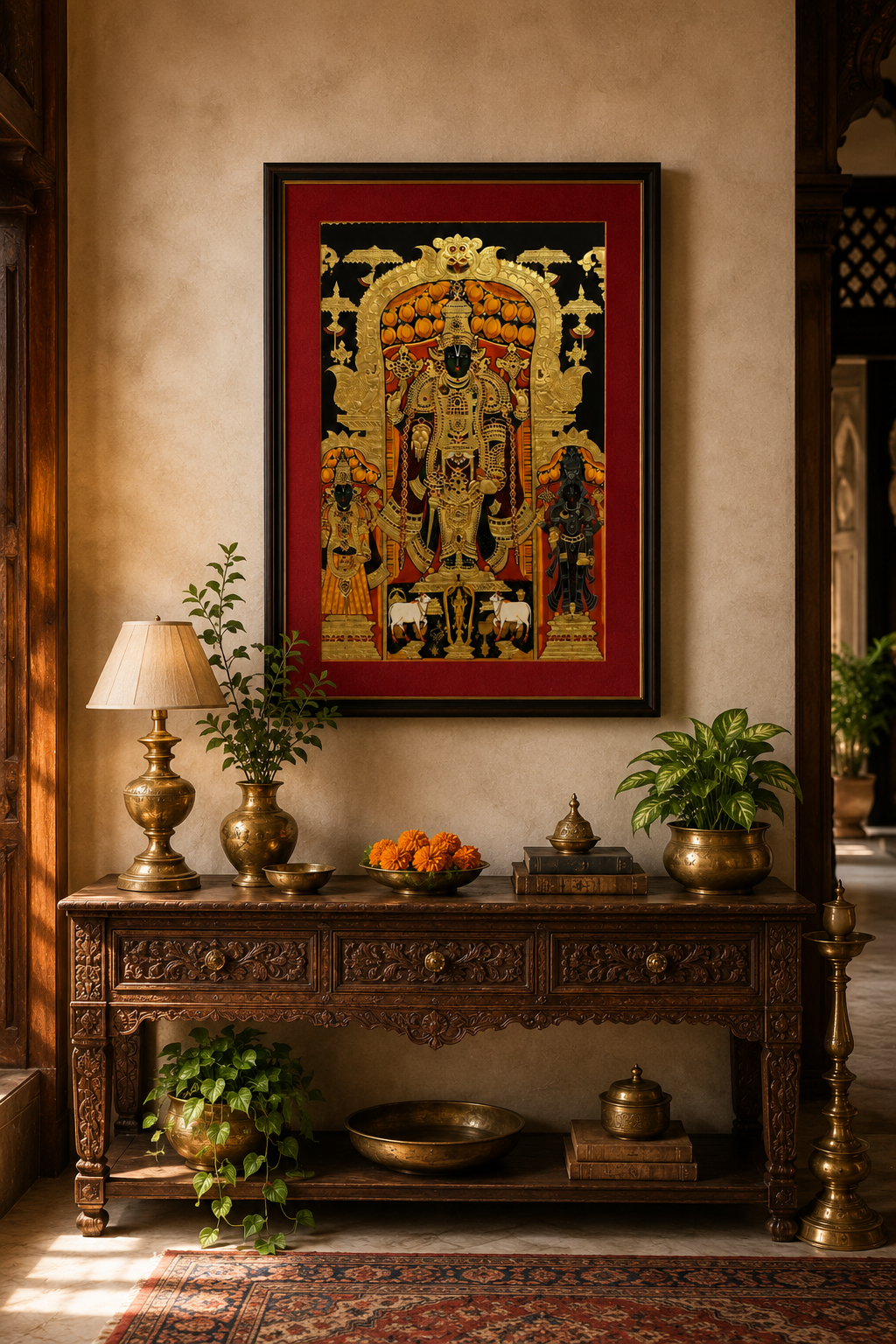 Sri Nath Ji Bhagwan Art Print on Canvas – Brown Frame with Gold Liner & Red Mount, 28 × 40 in [OBJ260053]