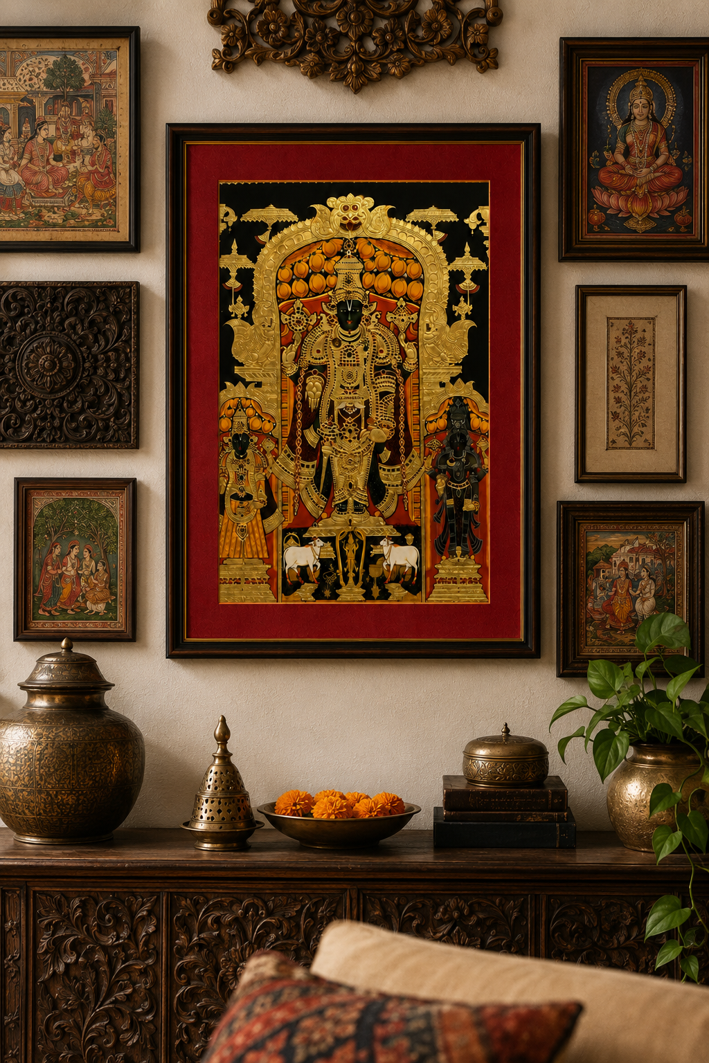 Sri Nath Ji Bhagwan Art Print on Canvas – Brown Frame with Gold Liner & Red Mount, 28 × 40 in [OBJ260053]