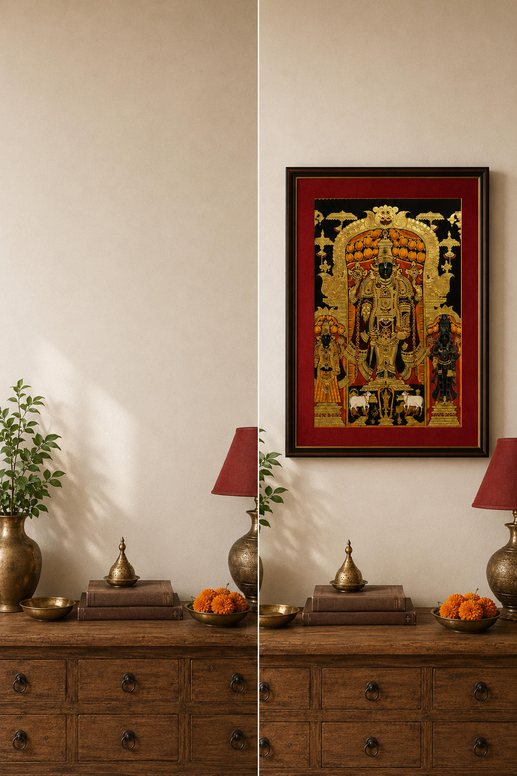 Sri Nath Ji Bhagwan Art Print on Canvas – Brown Frame with Gold Liner & Red Mount, 28 × 40 in [OBJ260053]