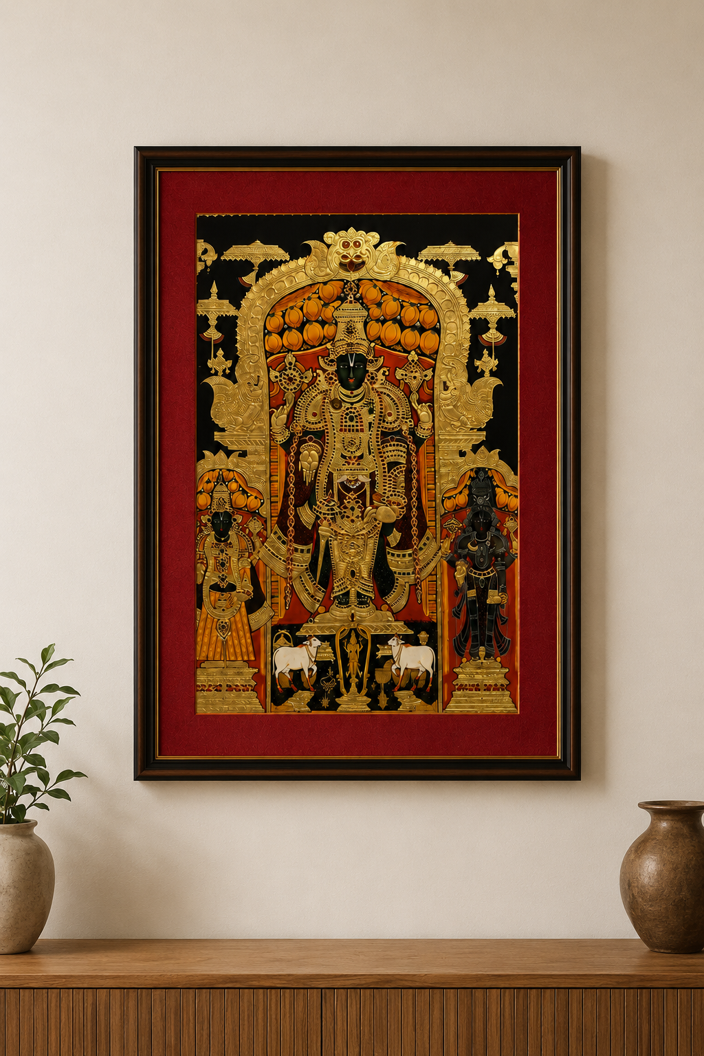 Sri Nath Ji Bhagwan Art Print on Canvas – Brown Frame with Gold Liner & Red Mount, 28 × 40 in [OBJ260053]
