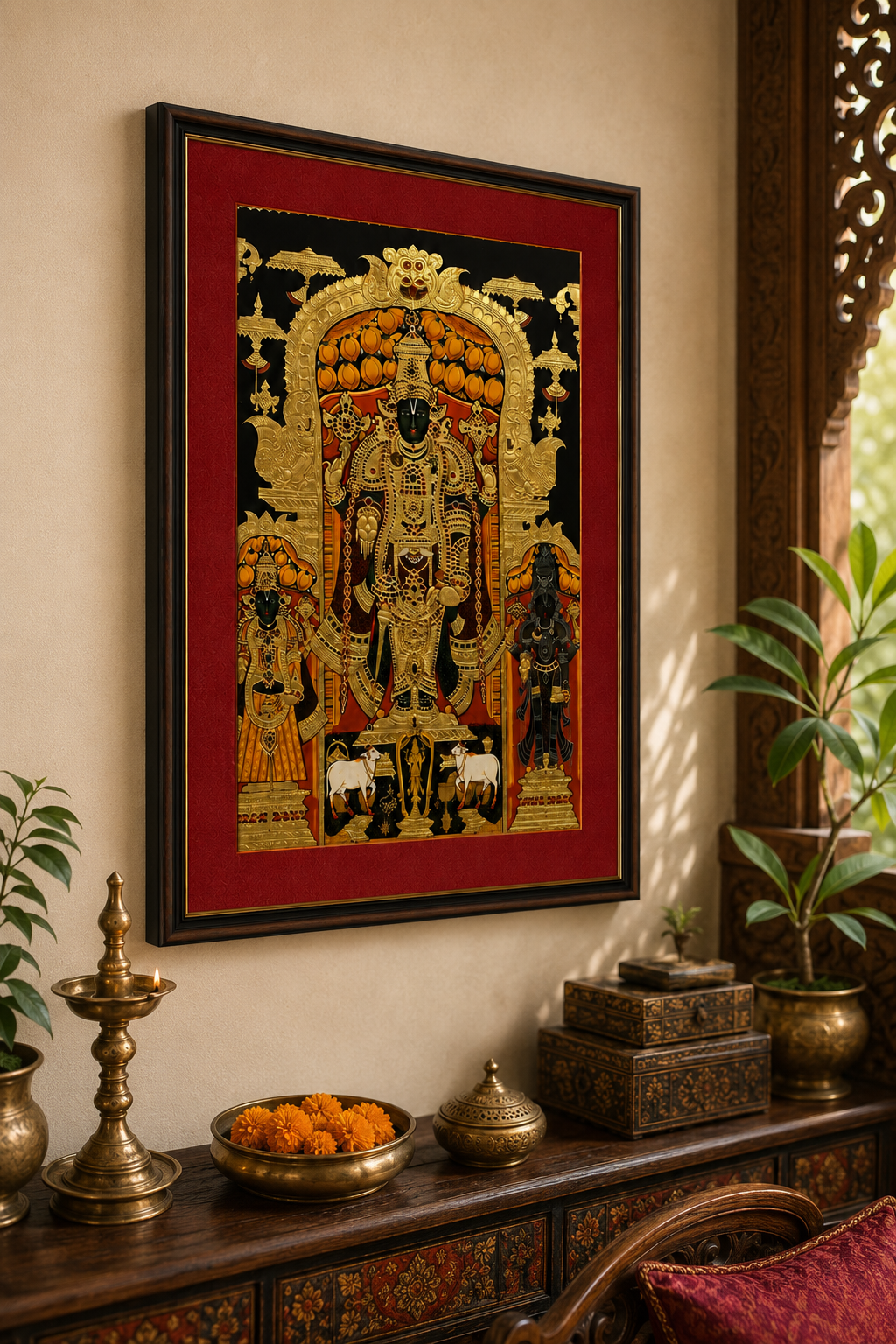 Sri Nath Ji Bhagwan Art Print on Canvas – Brown Frame with Gold Liner & Red Mount, 28 × 40 in [OBJ260053]