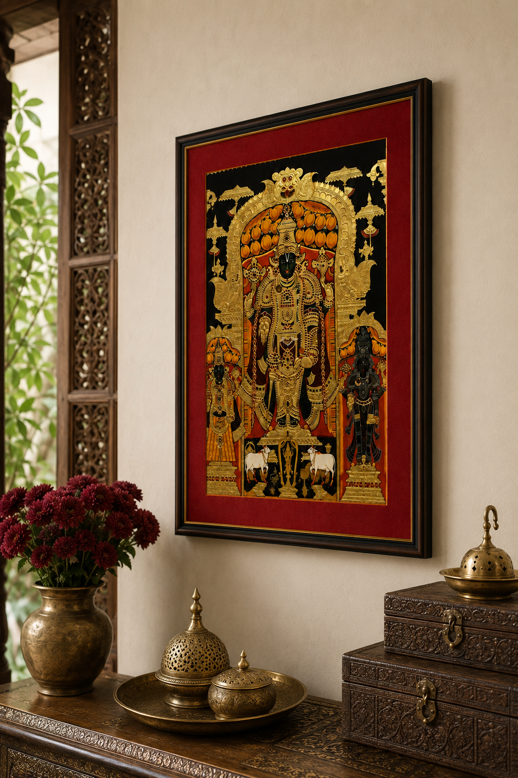 Sri Nath Ji Bhagwan Art Print on Canvas – Brown Frame with Gold Liner & Red Mount, 28 × 40 in [OBJ260053]