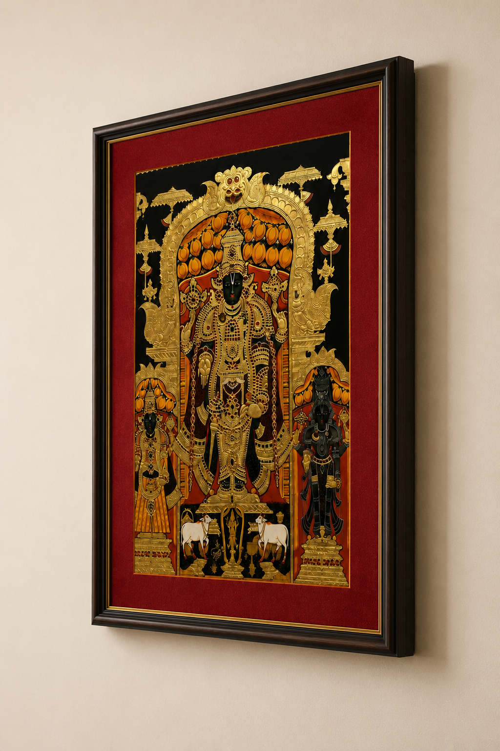 Sri Nath Ji Bhagwan Art Print on Canvas – Brown Frame with Gold Liner & Red Mount, 28 × 40 in [OBJ260053]
