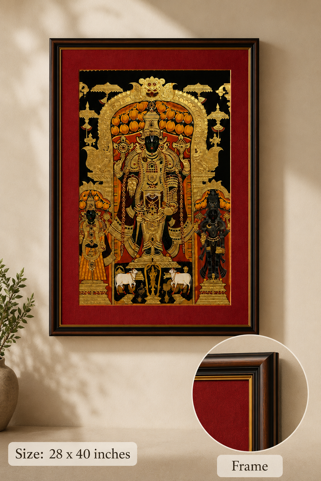 Sri Nath Ji Bhagwan Art Print on Canvas – Brown Frame with Gold Liner & Red Mount, 28 × 40 in [OBJ260053]