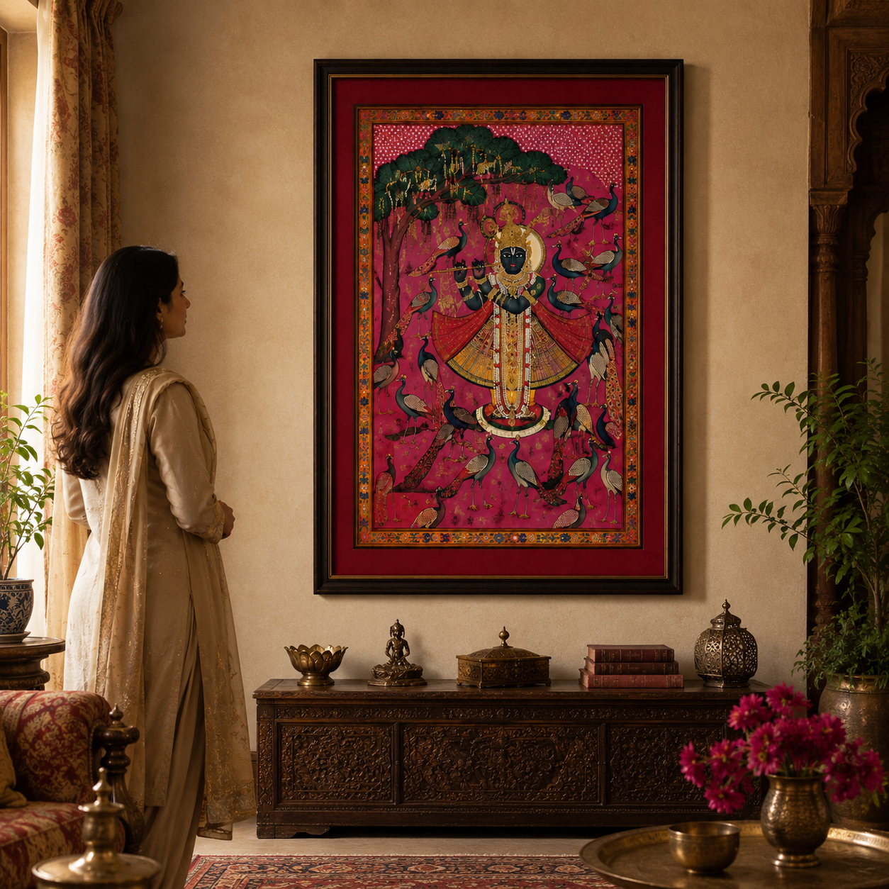 Sri Nath Ji Bhagwan Art Print on Canvas – Black Frame with Gold Liner & Red Mount, 28 × 40 in [OBJ260052]