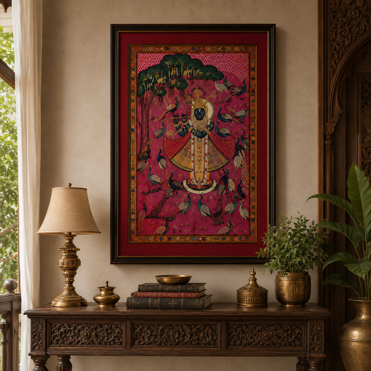 Sri Nath Ji Bhagwan Art Print on Canvas – Black Frame with Gold Liner & Red Mount, 28 × 40 in [OBJ260052]