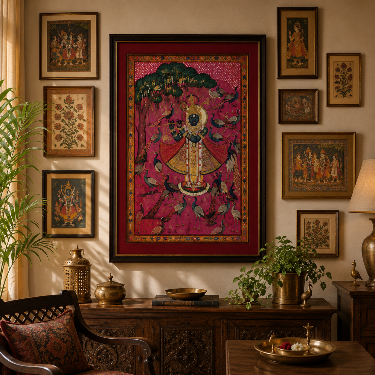 Sri Nath Ji Bhagwan Art Print on Canvas – Black Frame with Gold Liner & Red Mount, 28 × 40 in [OBJ260052]