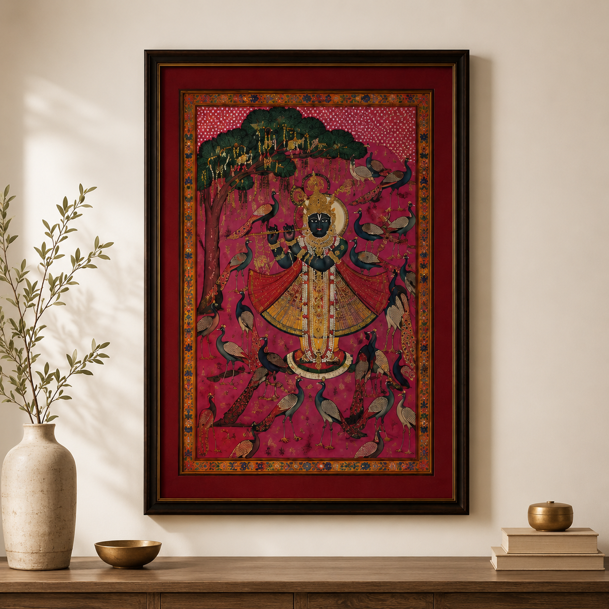 Sri Nath Ji Bhagwan Art Print on Canvas – Black Frame with Gold Liner & Red Mount, 28 × 40 in [OBJ260052]