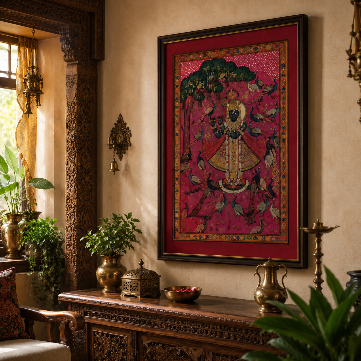 Sri Nath Ji Bhagwan Art Print on Canvas – Black Frame with Gold Liner & Red Mount, 28 × 40 in [OBJ260052]