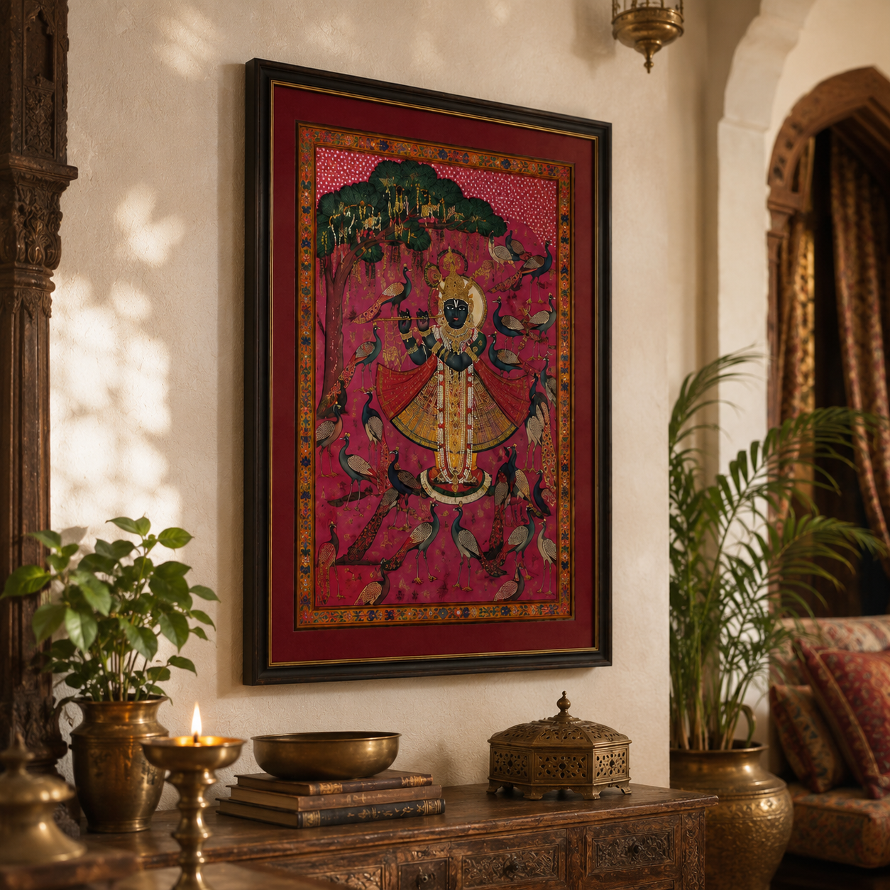 Sri Nath Ji Bhagwan Art Print on Canvas – Black Frame with Gold Liner & Red Mount, 28 × 40 in [OBJ260052]