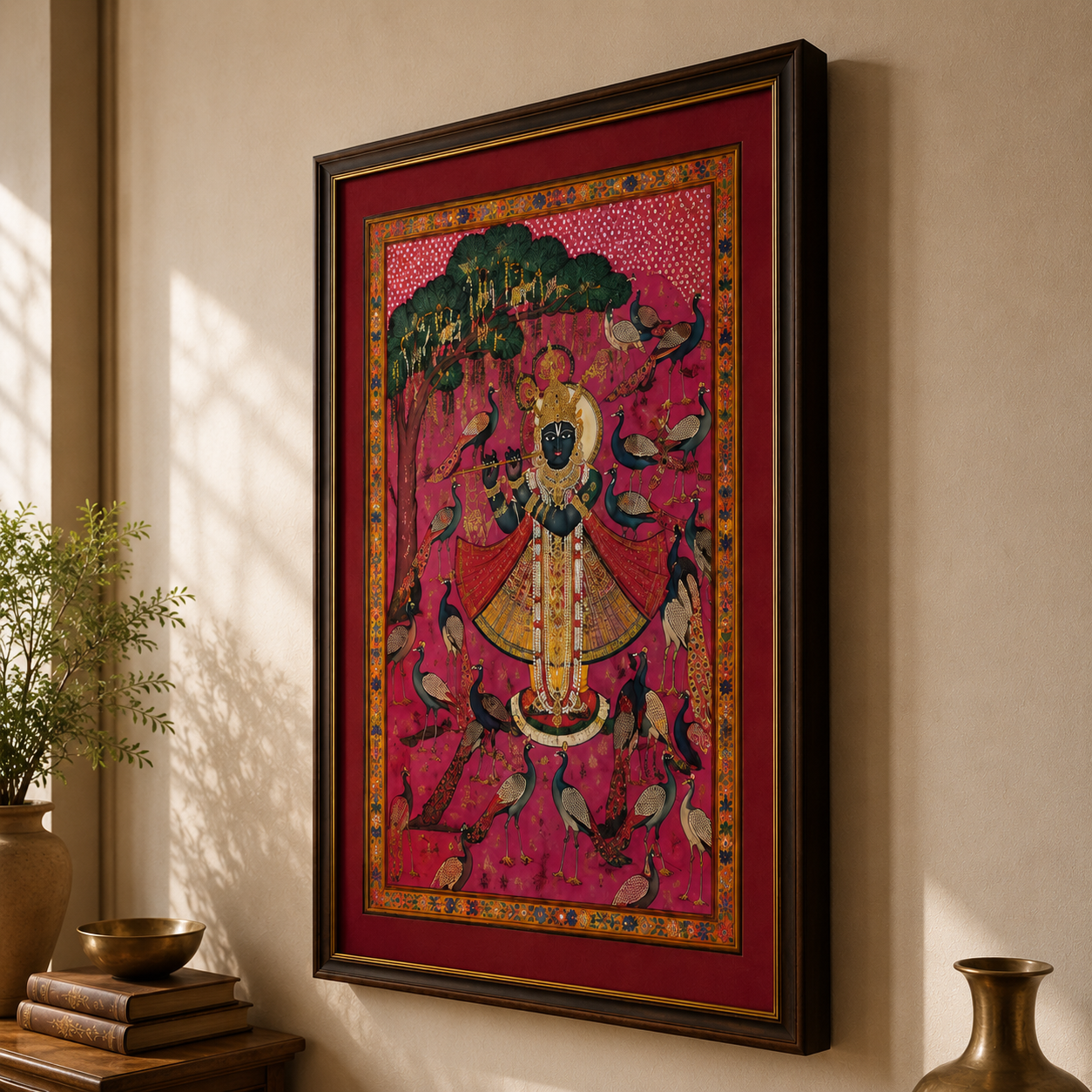 Sri Nath Ji Bhagwan Art Print on Canvas – Black Frame with Gold Liner & Red Mount, 28 × 40 in [OBJ260052]
