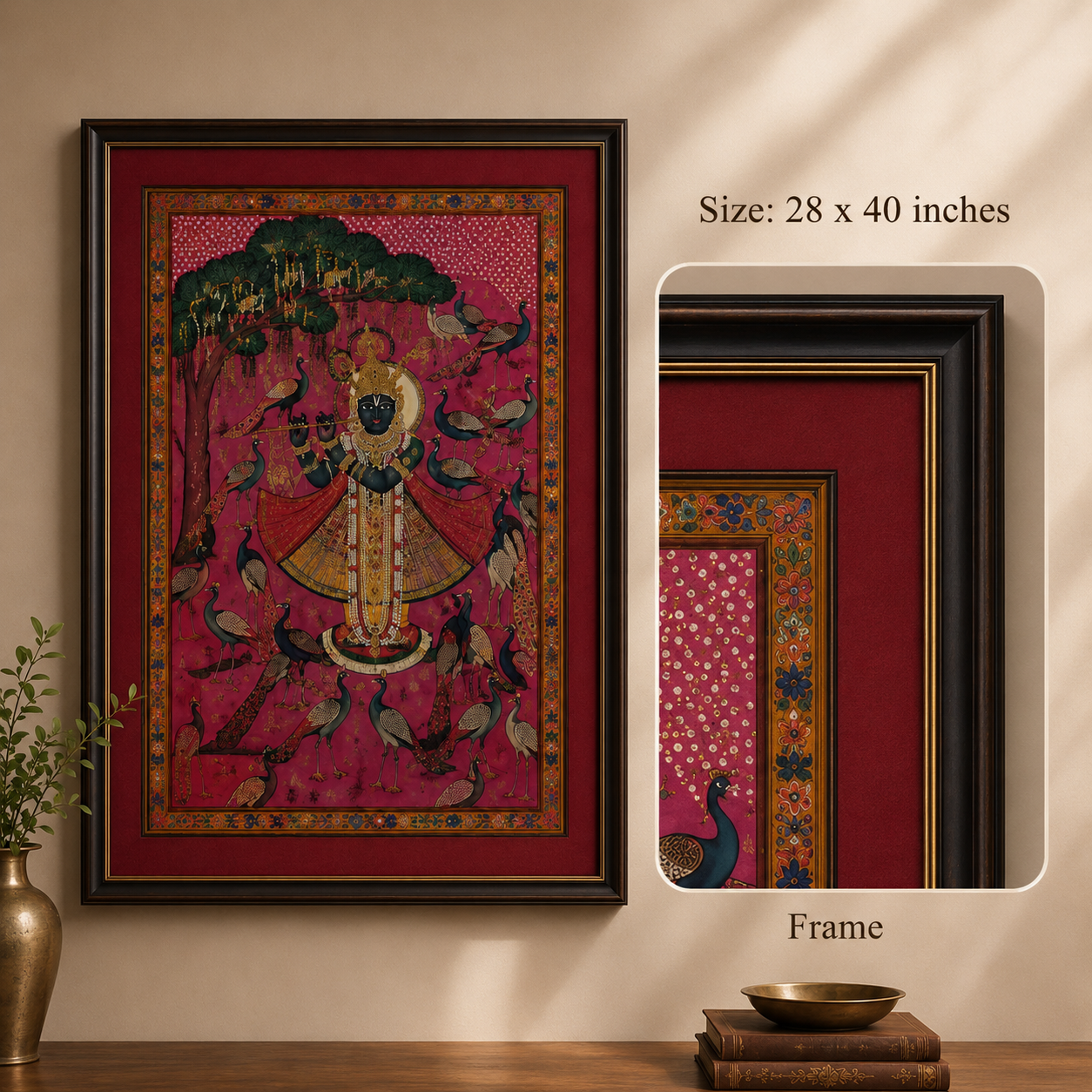 Sri Nath Ji Bhagwan Art Print on Canvas – Black Frame with Gold Liner & Red Mount, 28 × 40 in [OBJ260052]