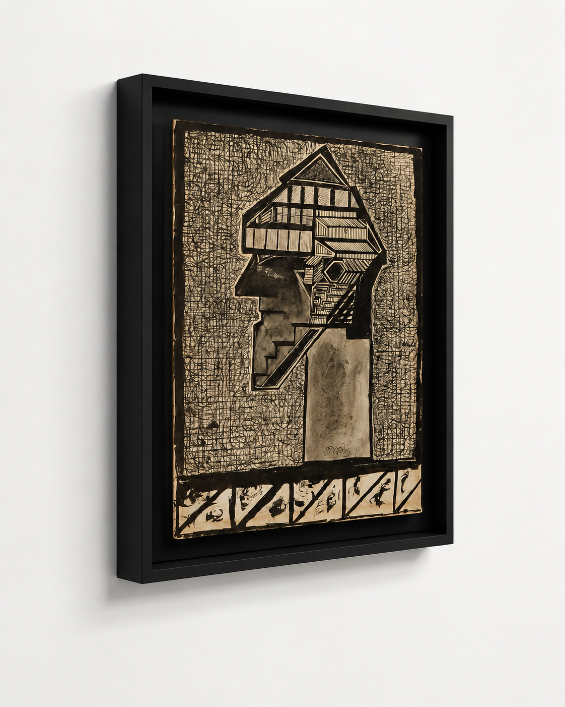 Abstract Art Print on Canvas – Black Box Frame with Black Mount, 32 × 30 in