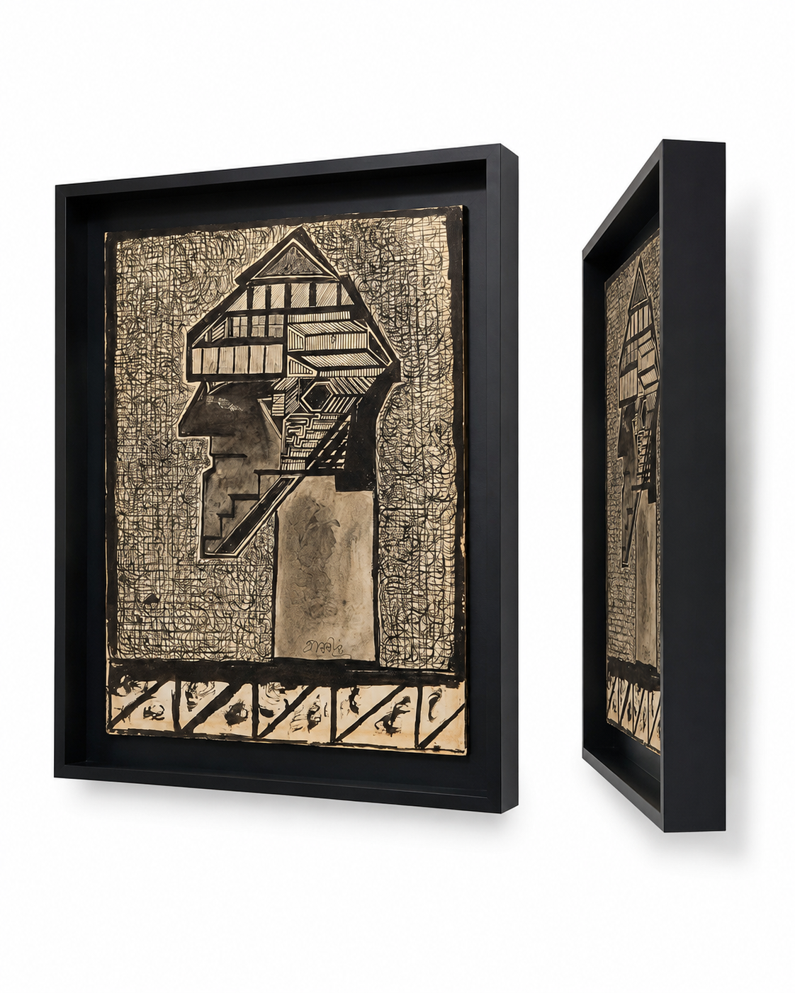 Abstract Art Print on Canvas – Black Box Frame with Black Mount, 32 × 30 in