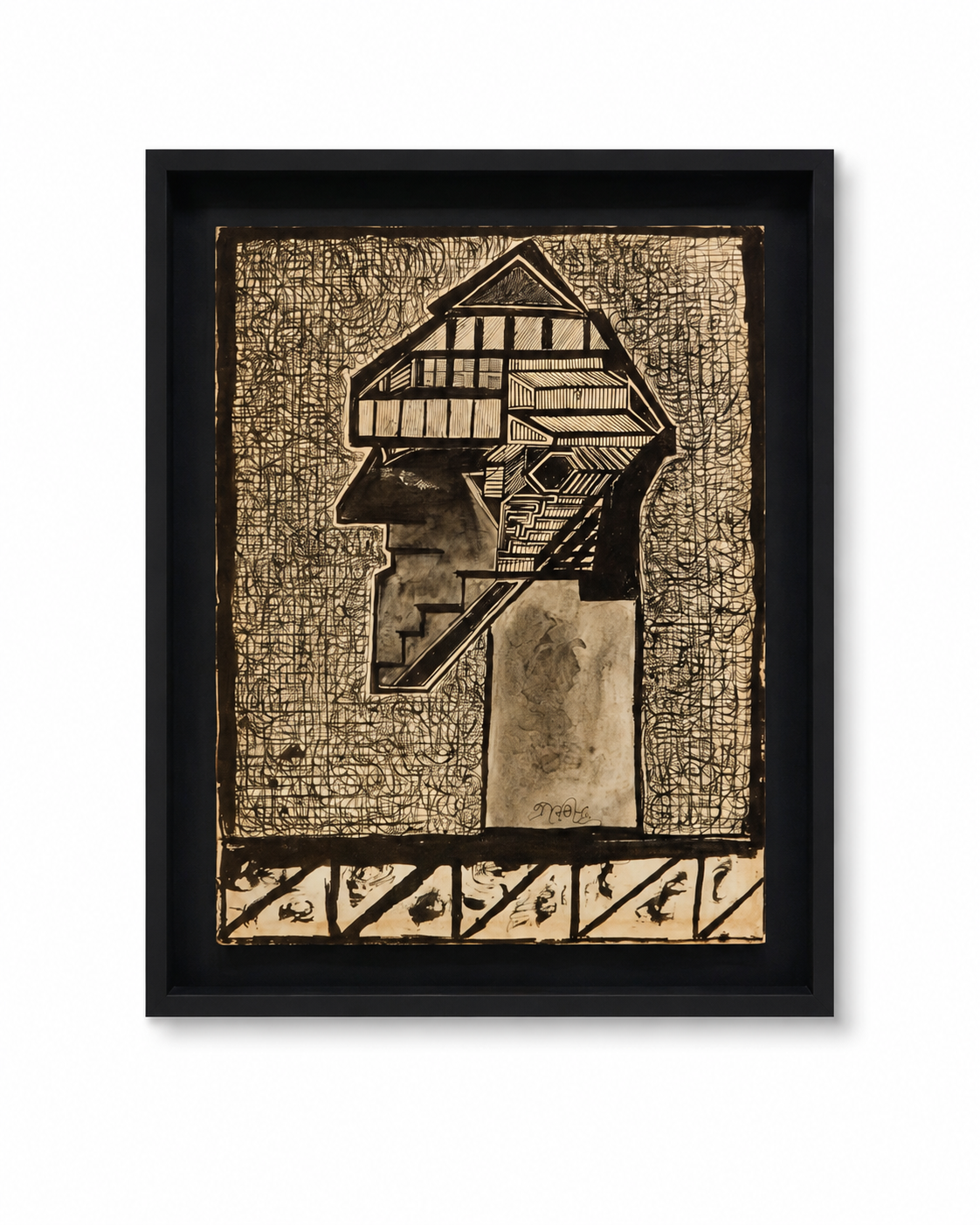 Abstract Art Print on Canvas – Black Box Frame with Black Mount, 32 × 30 in