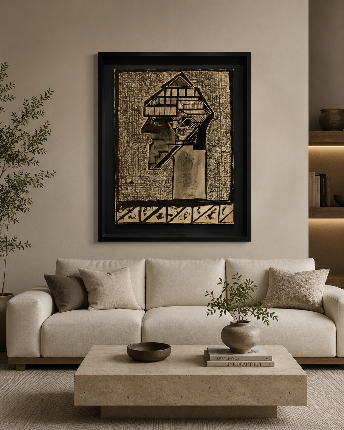 Abstract Art Print on Canvas – Black Box Frame with Black Mount, 32 × 30 in