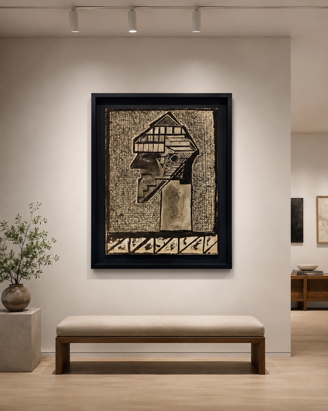 Abstract Art Print on Canvas – Black Box Frame with Black Mount, 32 × 30 in