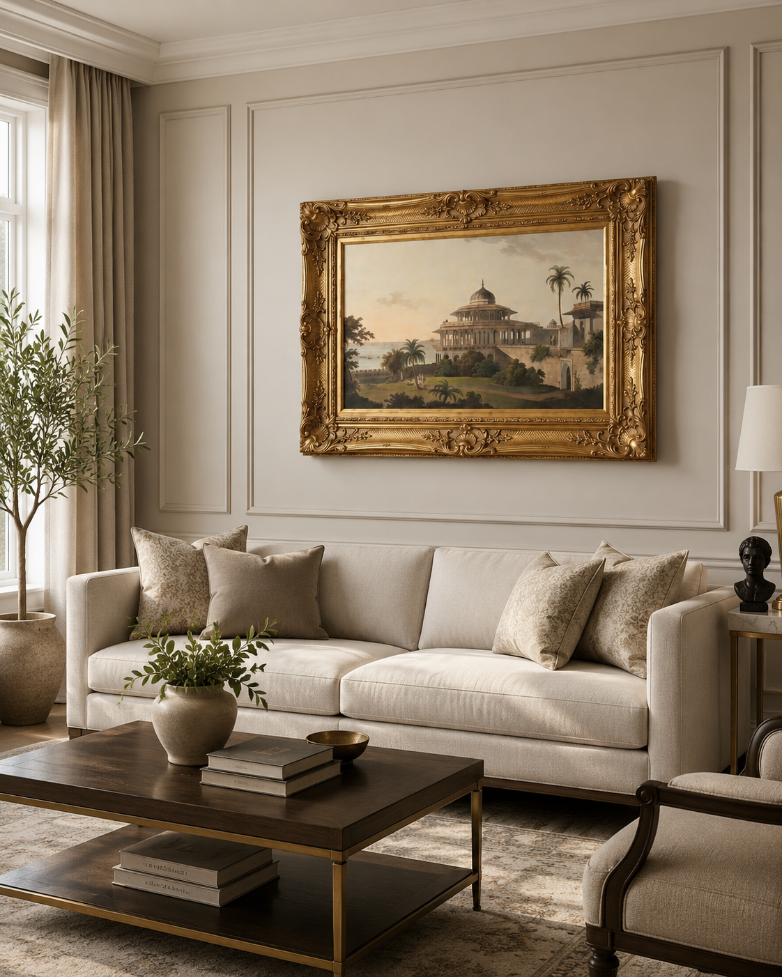 Indian Landscape Art Print on Canvas – Ornate Gold Frame, 32 × 44 in