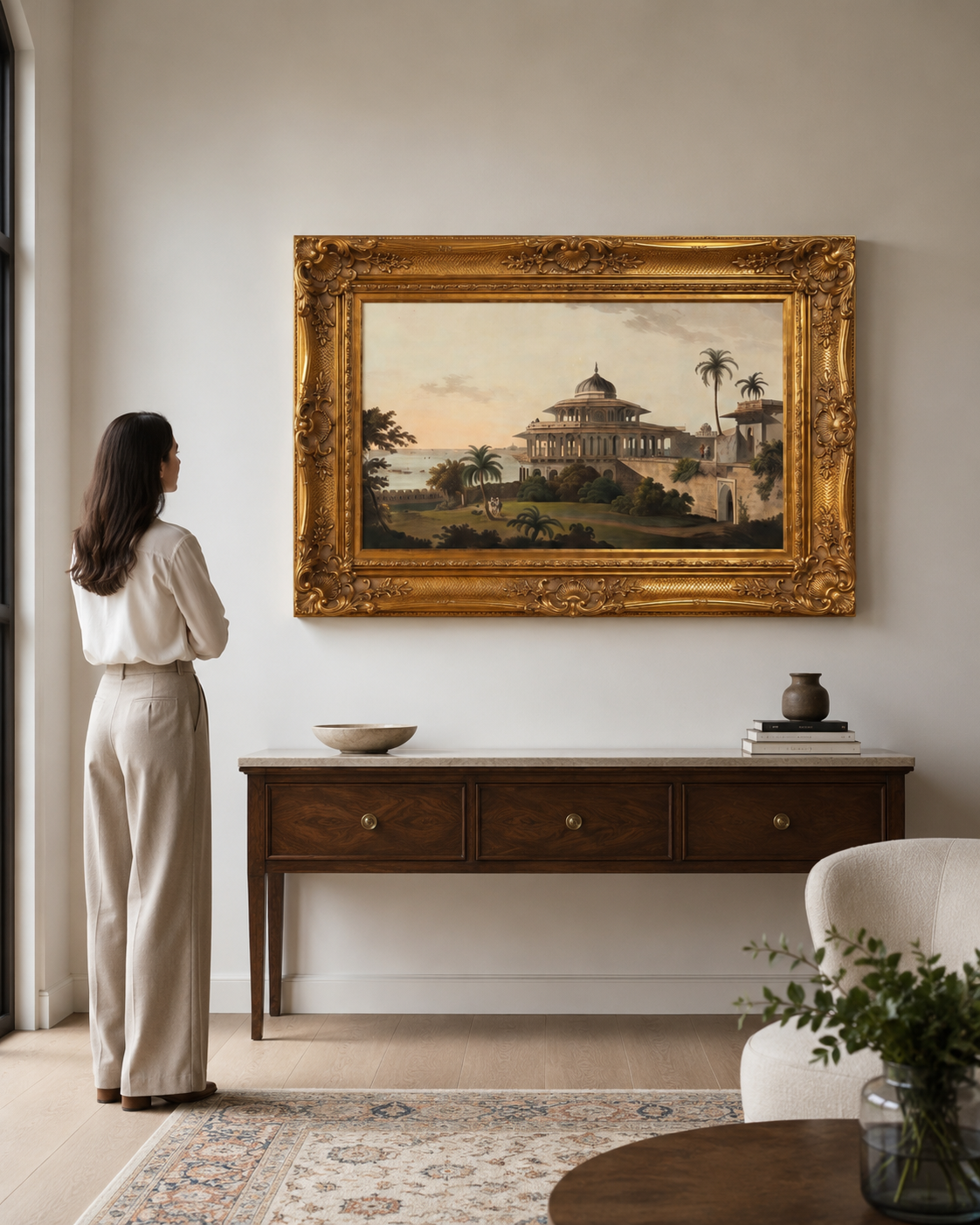Indian Landscape Art Print on Canvas – Ornate Gold Frame, 32 × 44 in