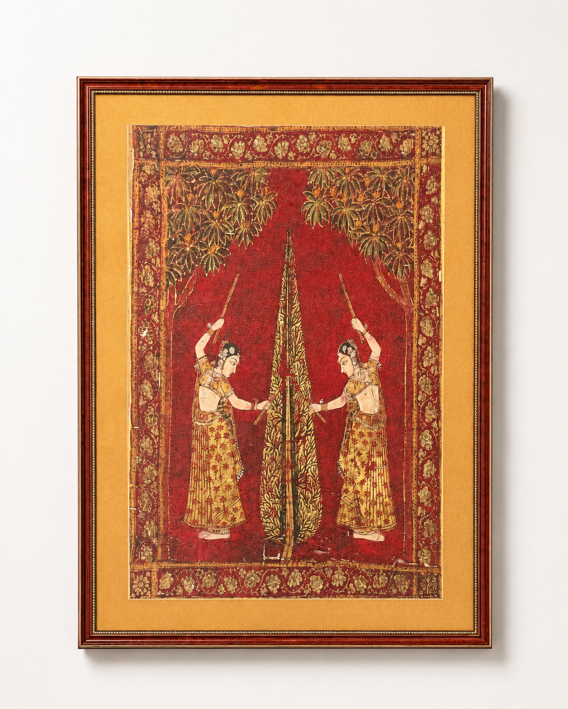 Indian Miniature Art Print on Canvas - Rustic Indian Frame (Red) - 36 x 24 In