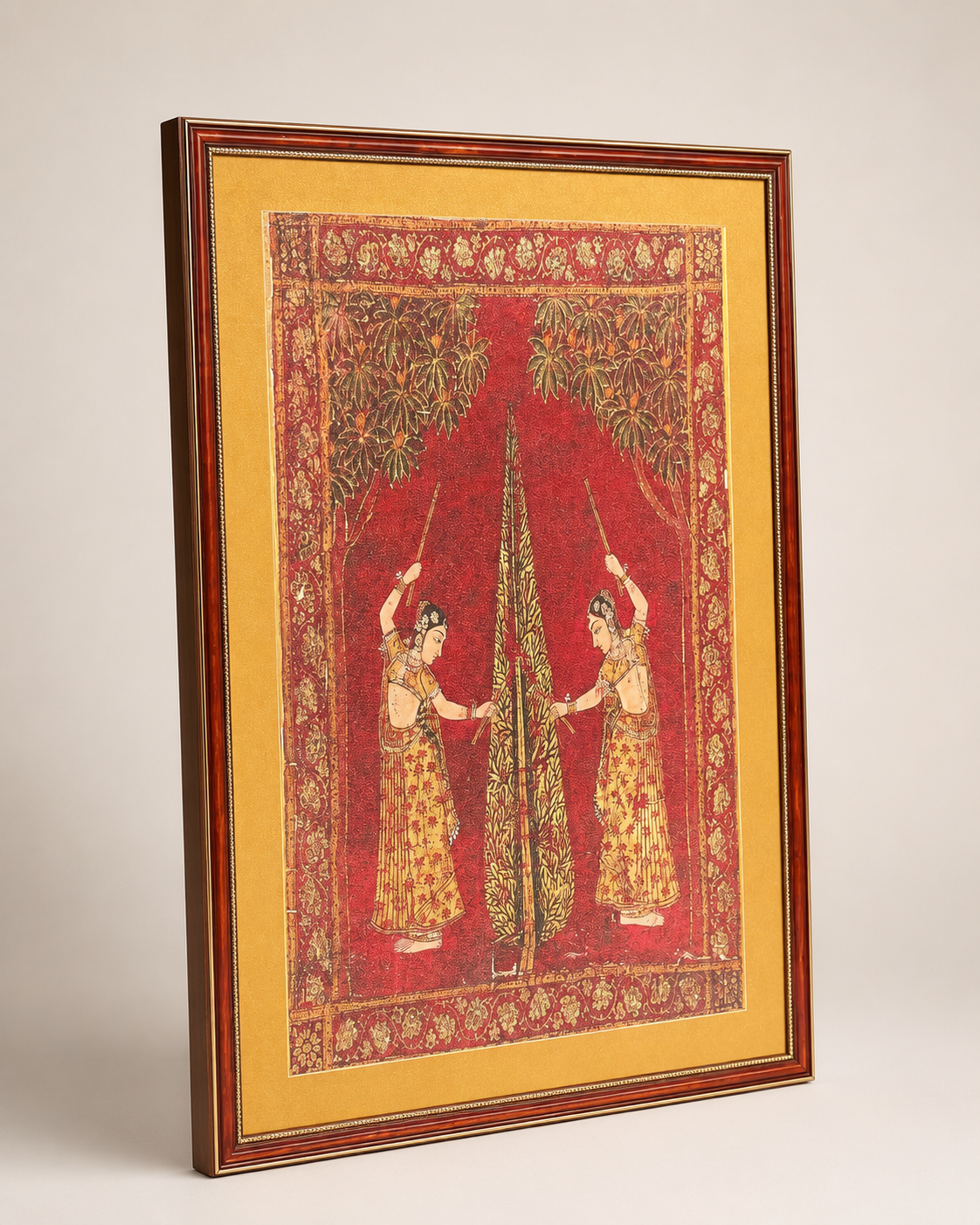 Indian Miniature Art Print on Canvas - Rustic Indian Frame (Red) - 36 x 24 In
