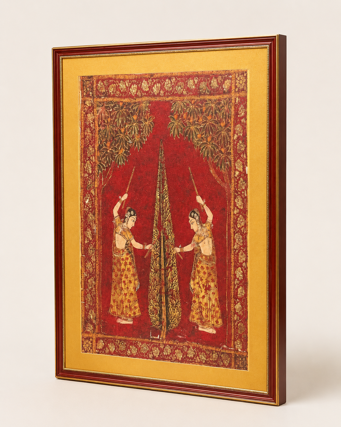 Indian Miniature Art Print on Canvas - Rustic Indian Frame (Red) - 36 x 24 In