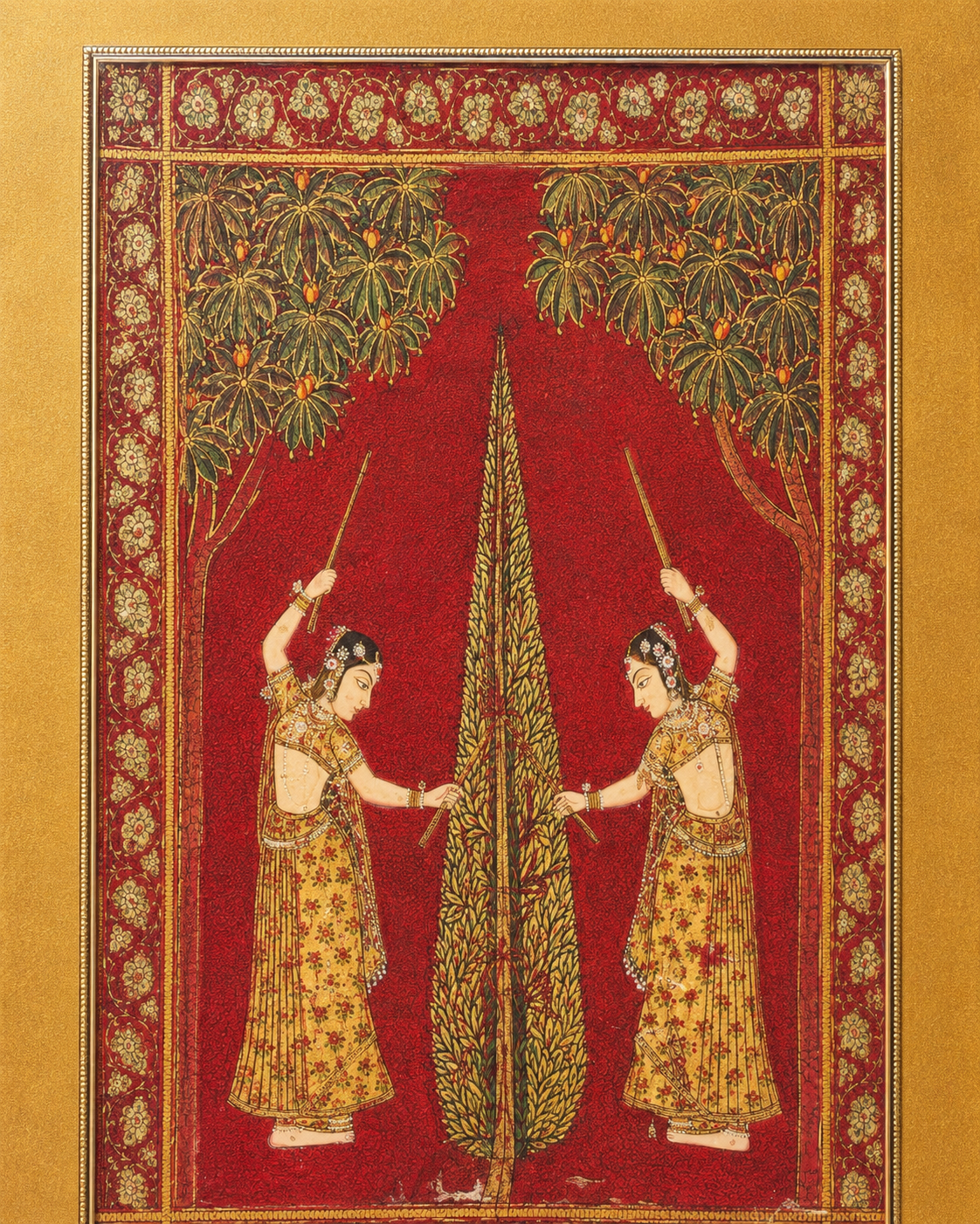 Indian Miniature Art Print on Canvas - Rustic Indian Frame (Red) - 36 x 24 In