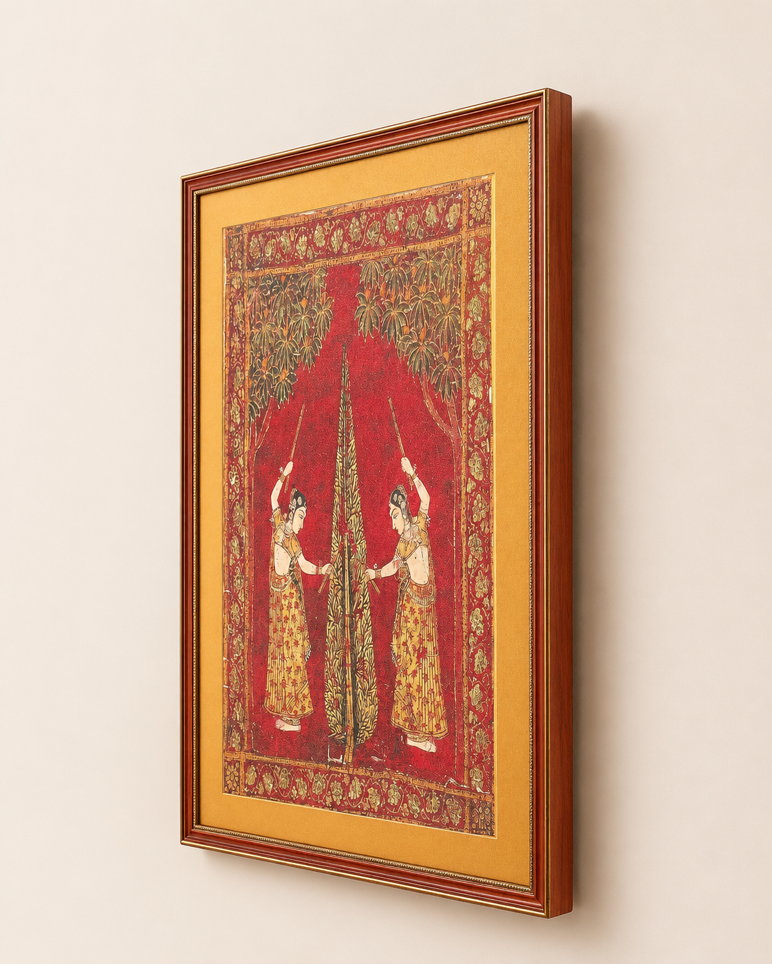 Indian Miniature Art Print on Canvas - Rustic Indian Frame (Red) - 36 x 24 In