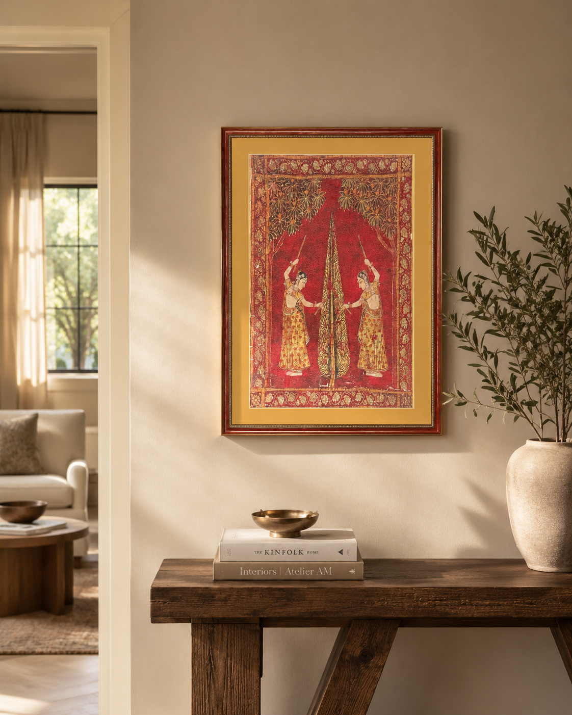 Indian Miniature Art Print on Canvas - Rustic Indian Frame (Red) - 36 x 24 In