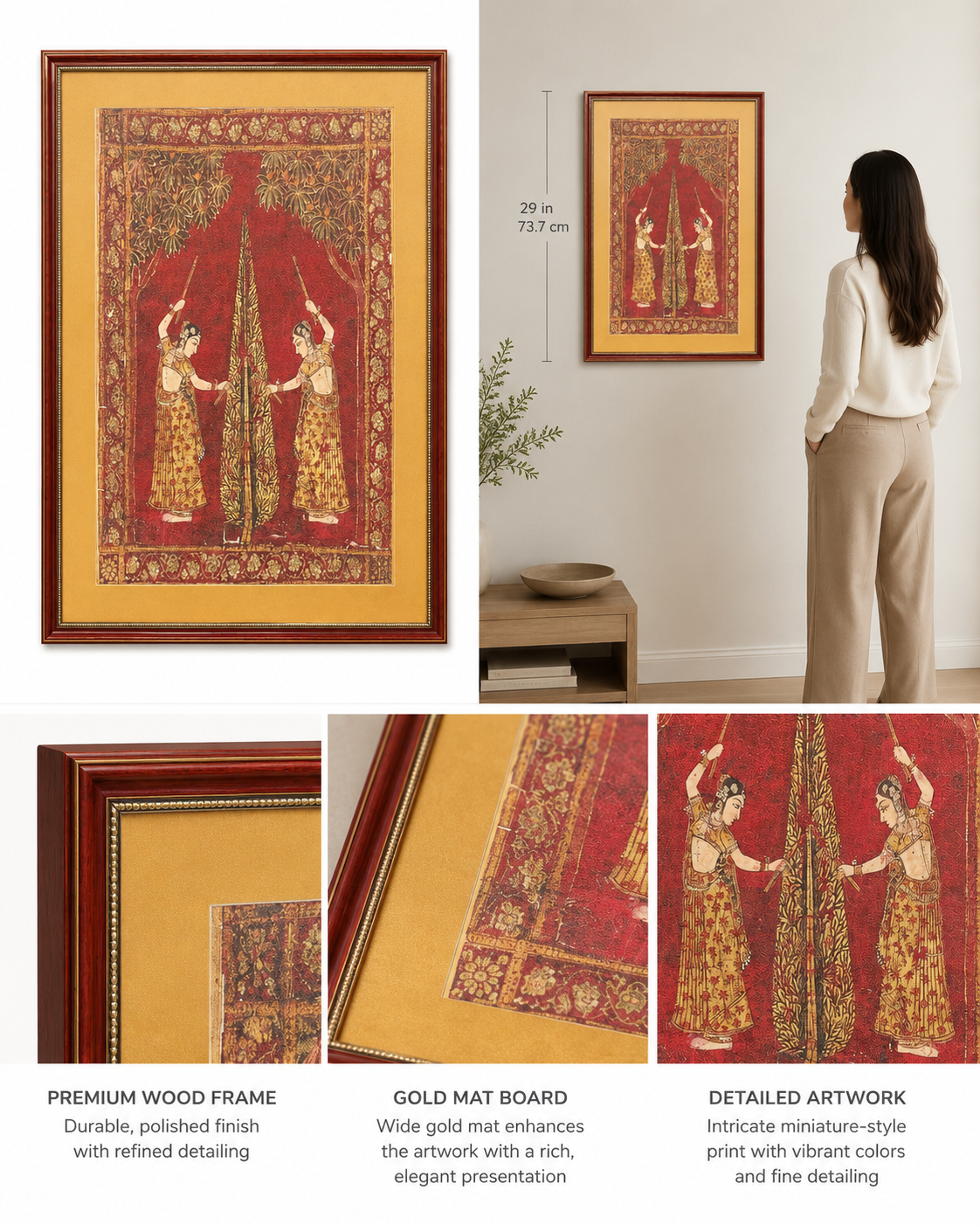 Indian Miniature Art Print on Canvas - Rustic Indian Frame (Red) - 36 x 24 In
