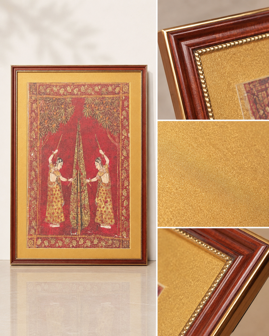 Indian Miniature Art Print on Canvas - Rustic Indian Frame (Red) - 36 x 24 In