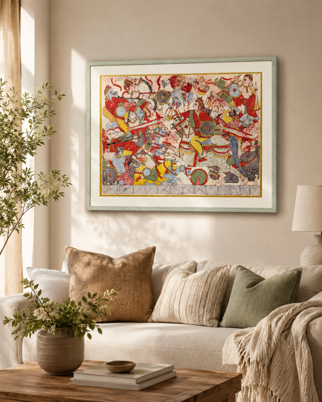 Indian Miniature Art Print on Canvas with Gold Liner  - Gallery Frame (Green) - 24 X 36 In