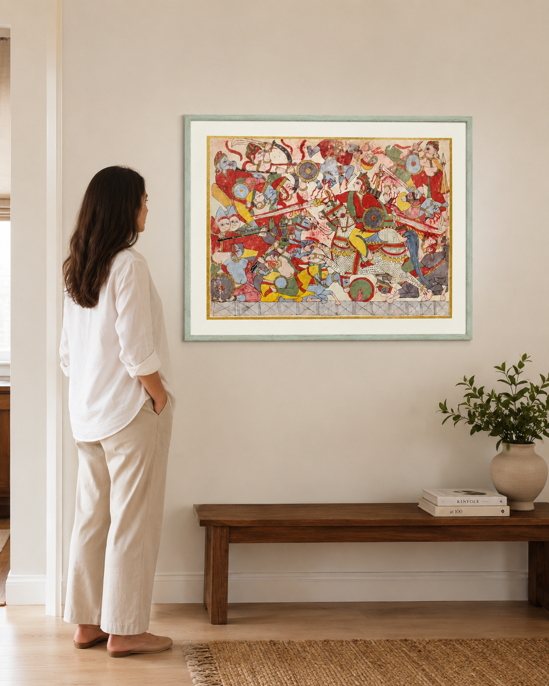 Indian Miniature Art Print on Canvas with Gold Liner  - Gallery Frame (Green) - 24 X 36 In