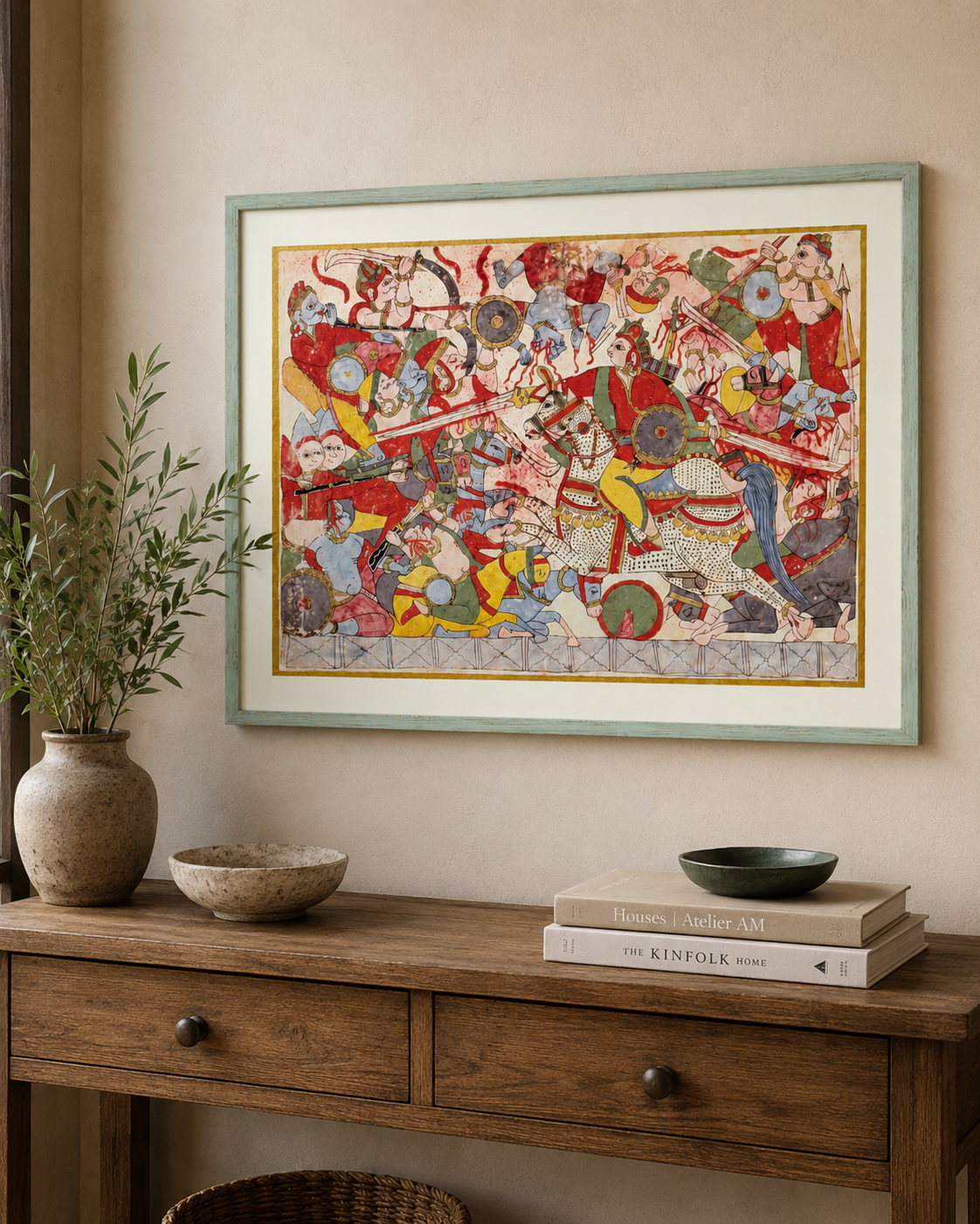 Indian Miniature Art Print on Canvas with Gold Liner  - Gallery Frame (Green) - 24 X 36 In