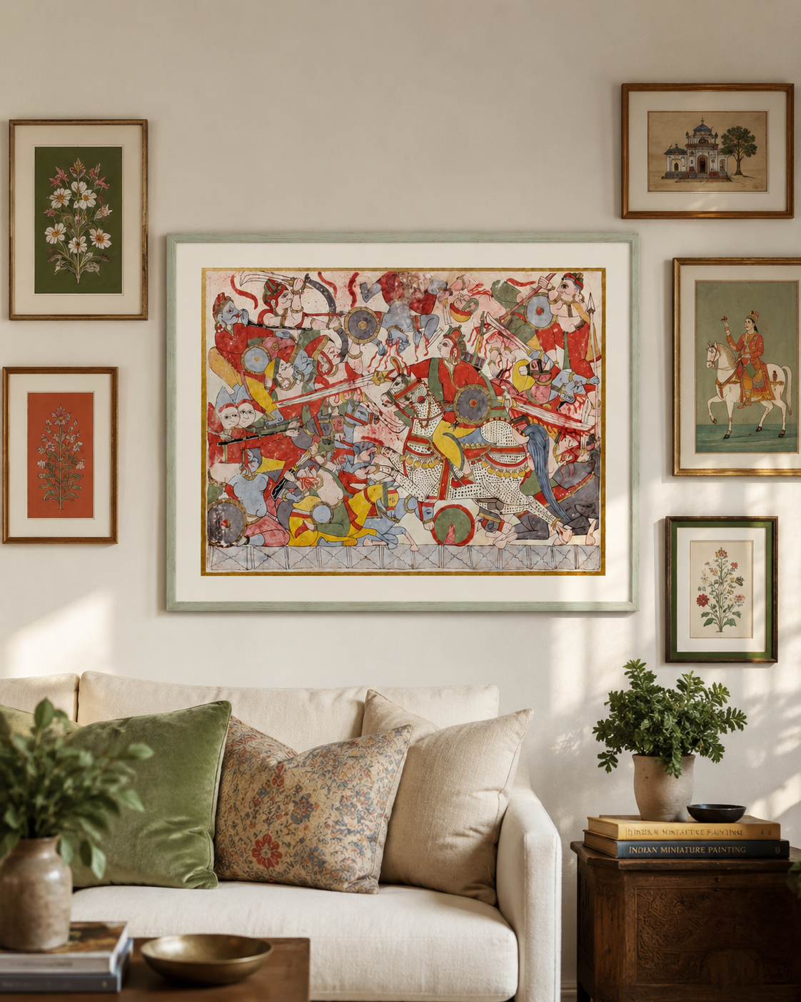 Indian Miniature Art Print on Canvas with Gold Liner  - Gallery Frame (Green) - 24 X 36 In