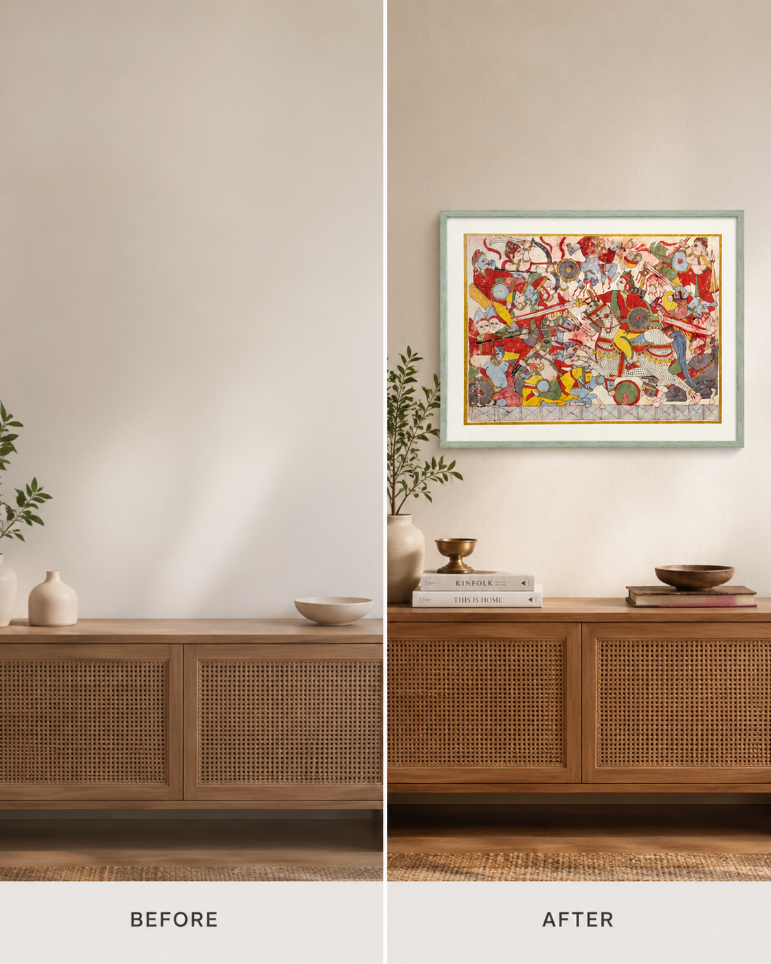 Indian Miniature Art Print on Canvas with Gold Liner  - Gallery Frame (Green) - 24 X 36 In