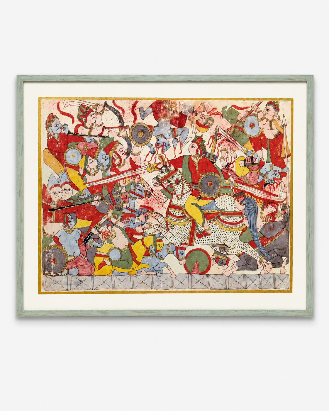 Indian Miniature Art Print on Canvas with Gold Liner  - Gallery Frame (Green) - 24 X 36 In
