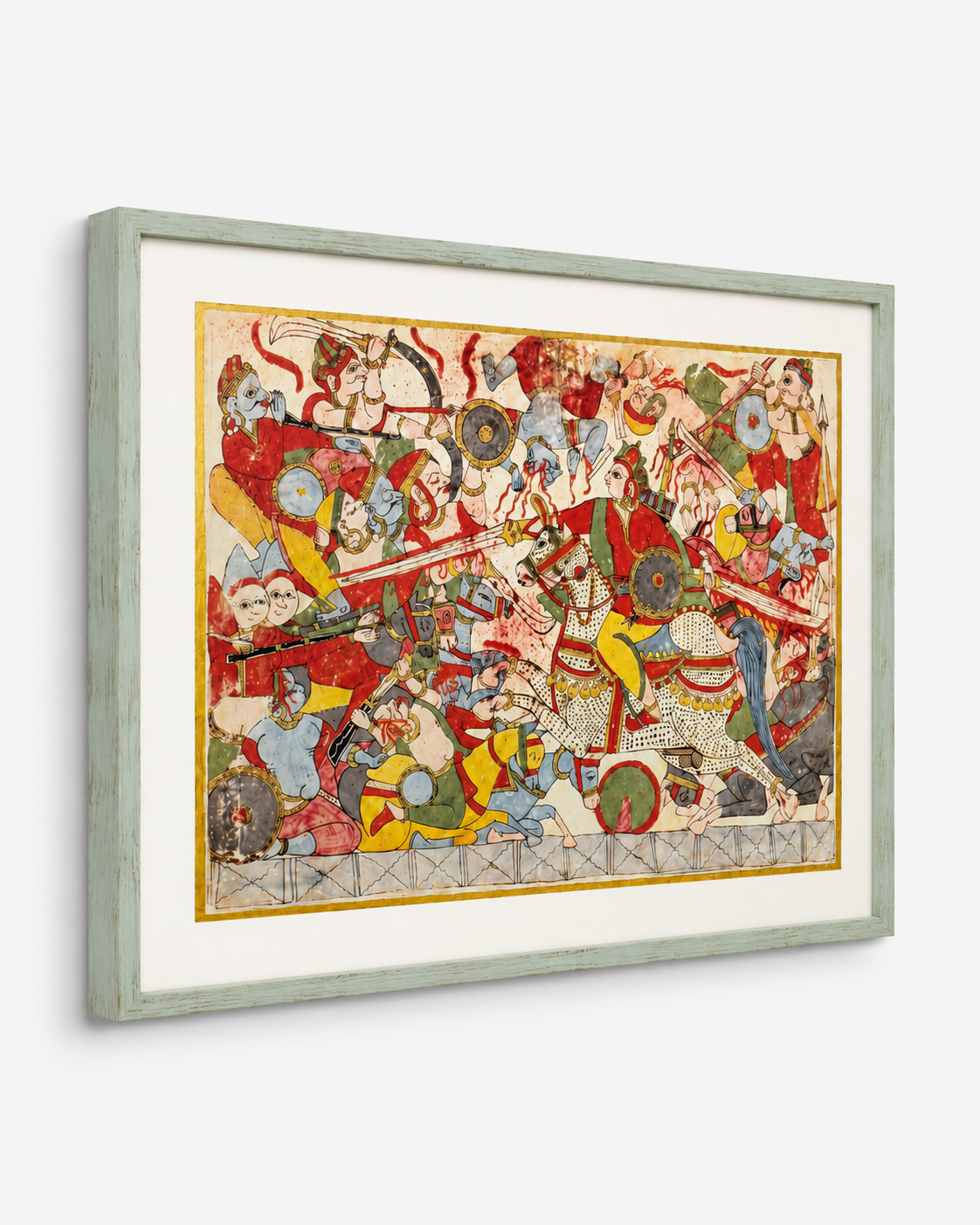 Indian Miniature Art Print on Canvas with Gold Liner  - Gallery Frame (Green) - 24 X 36 In