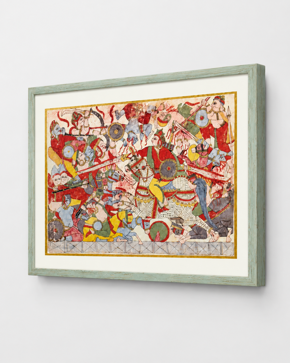 Indian Miniature Art Print on Canvas with Gold Liner  - Gallery Frame (Green) - 24 X 36 In