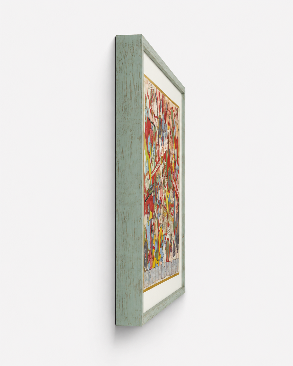 Indian Miniature Art Print on Canvas with Gold Liner  - Gallery Frame (Green) - 24 X 36 In