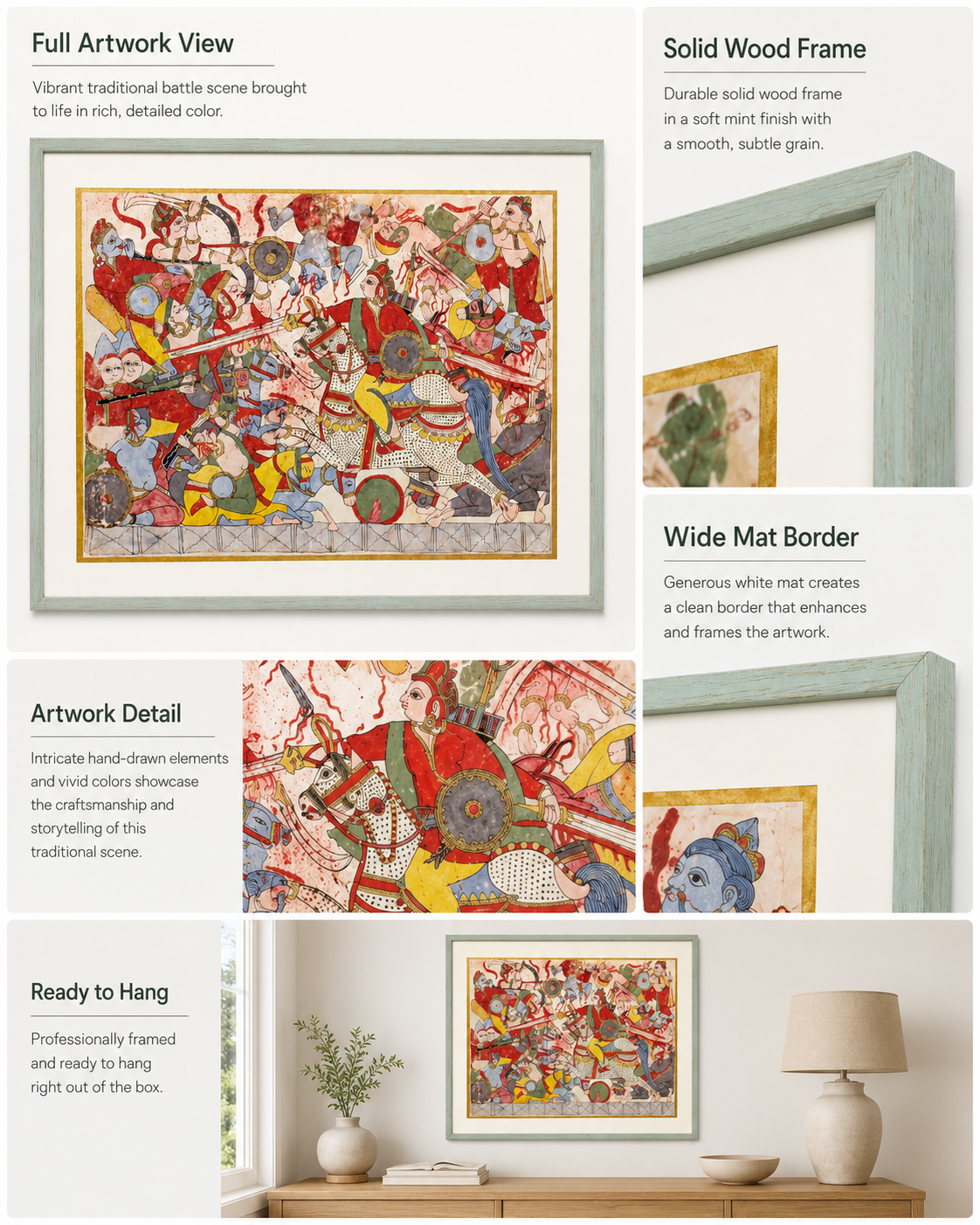 Indian Miniature Art Print on Canvas with Gold Liner  - Gallery Frame (Green) - 24 X 36 In