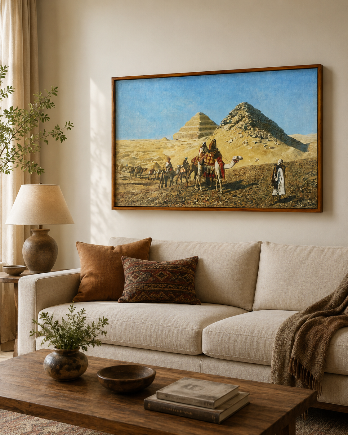 Oriental Art Print on Canvas-Teak Wood Thin-Profile Frame-48 x 28 In