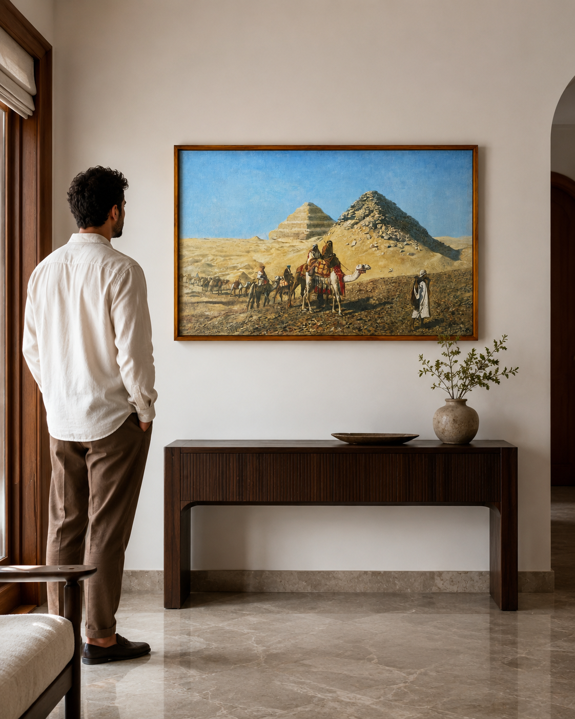 Oriental Art Print on Canvas-Teak Wood Thin-Profile Frame-48 x 28 In