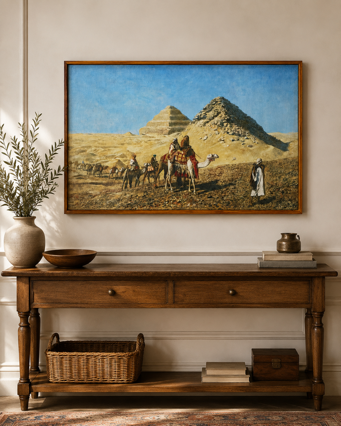 Oriental Art Print on Canvas-Teak Wood Thin-Profile Frame-48 x 28 In