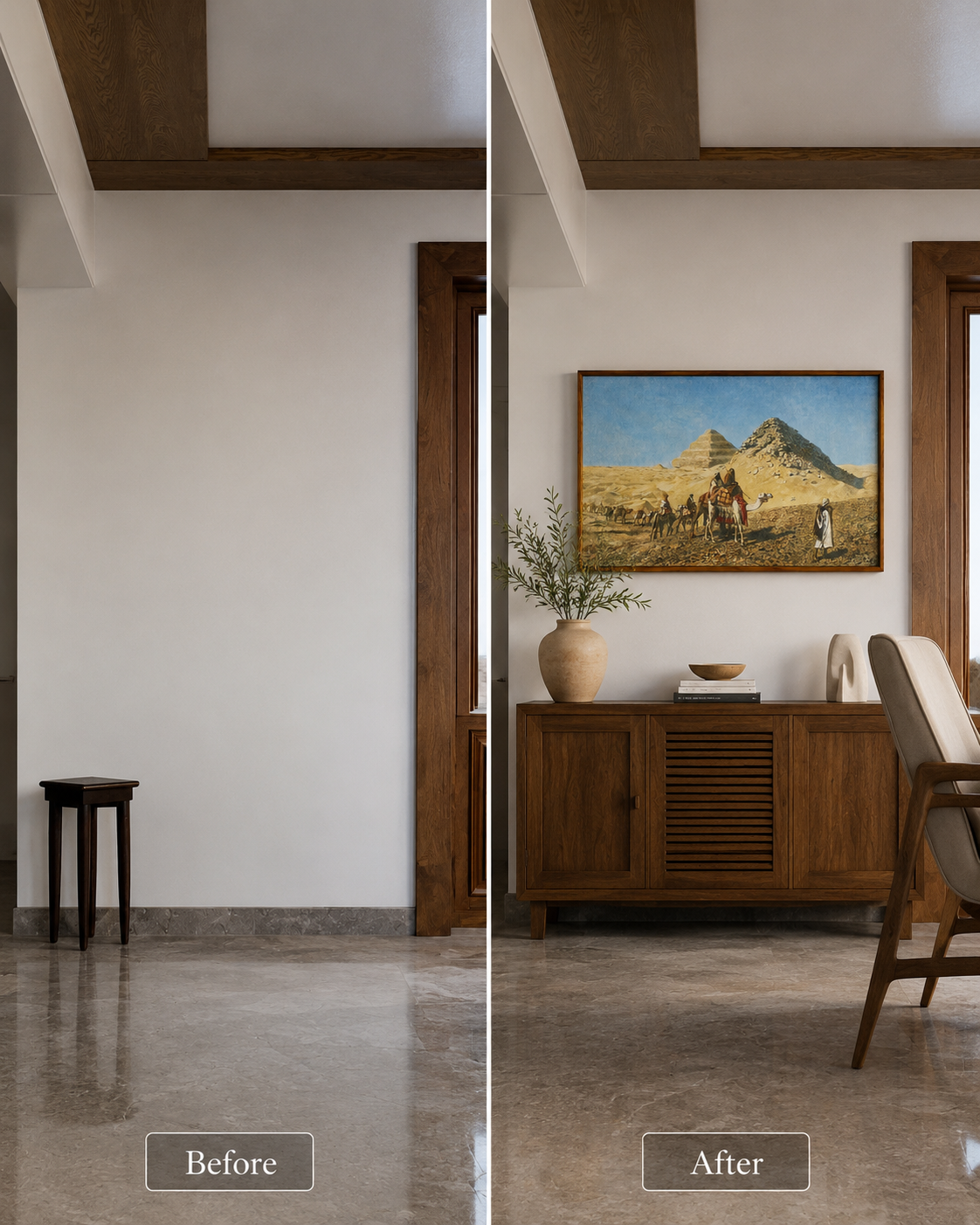 Oriental Art Print on Canvas-Teak Wood Thin-Profile Frame-48 x 28 In